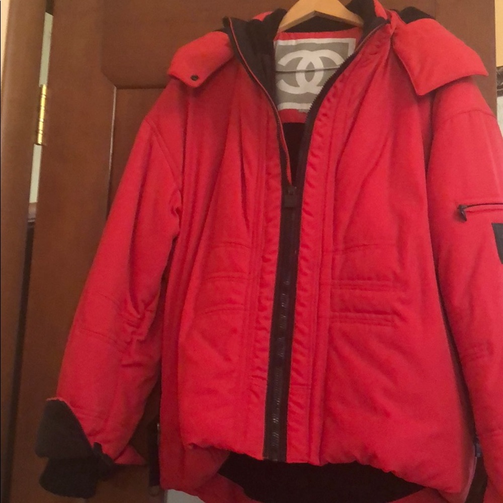 Chanel ski coat with hood.